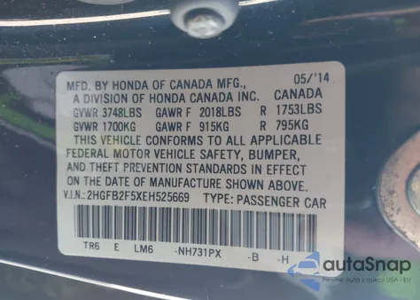 2014 Honda Civic Lx z USA, uszkodzony, nr VIN 2HGFB2F5XEH525669